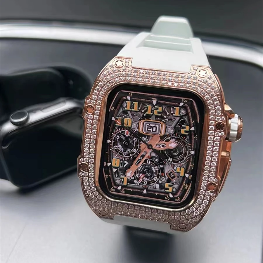 Stainless Steel Case for Apple Watch 7 45mm 44mm Fluororubber Strap Luxury Diamond Bezel Modification Kit for IWatch 6 5 4 SE