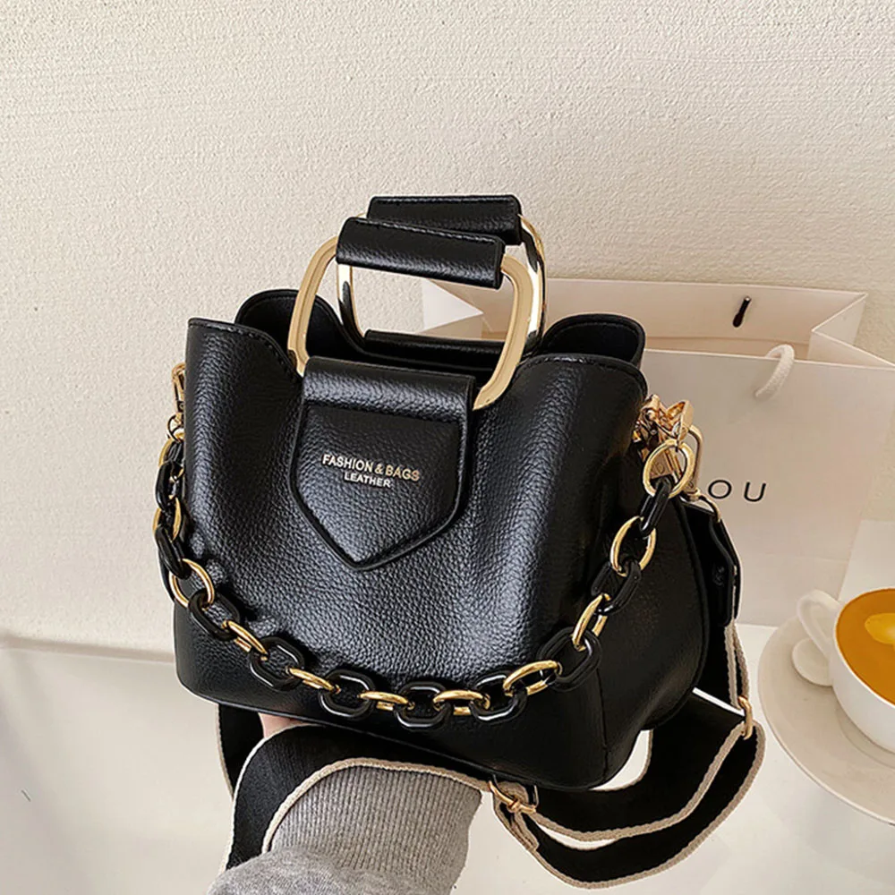 

Bucket Shoulder Bag New Chain Cross Body Wide Strap PU Leather Top-Handle Totes Fashion Design Ladies Shoulder Purse Handbag