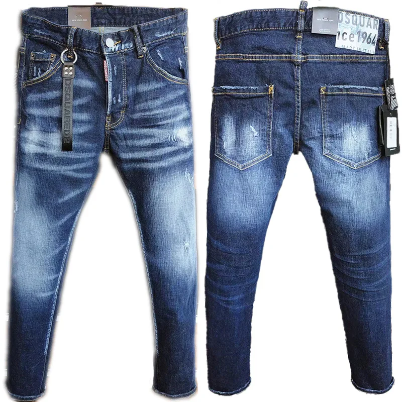 Mens Dsquared2 Brand Jeans Mens Fashion Casual Slim Hip Hop Elasticity Hole Denim Pants Top Quality Blue Pencil Jeans Streetwear