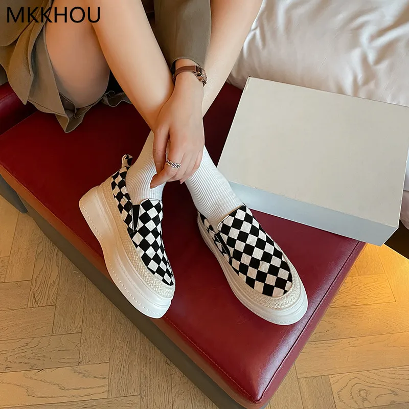 

MKKHOU Fashion Casual Shoes New High Quality Horsehair Checkerboard Loafers Comfortable Platform Flats Everyday Light Shoes