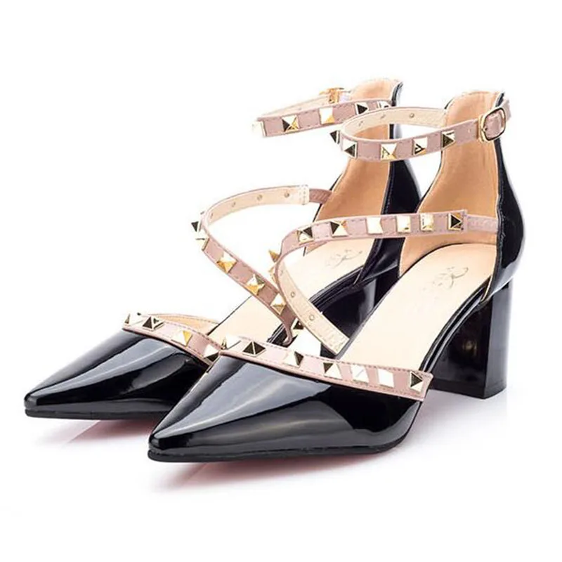 

Women's shoes Summer Thick with shoes Pumps brand OL Rivet high heels pointed buckle single shoes professional shoes