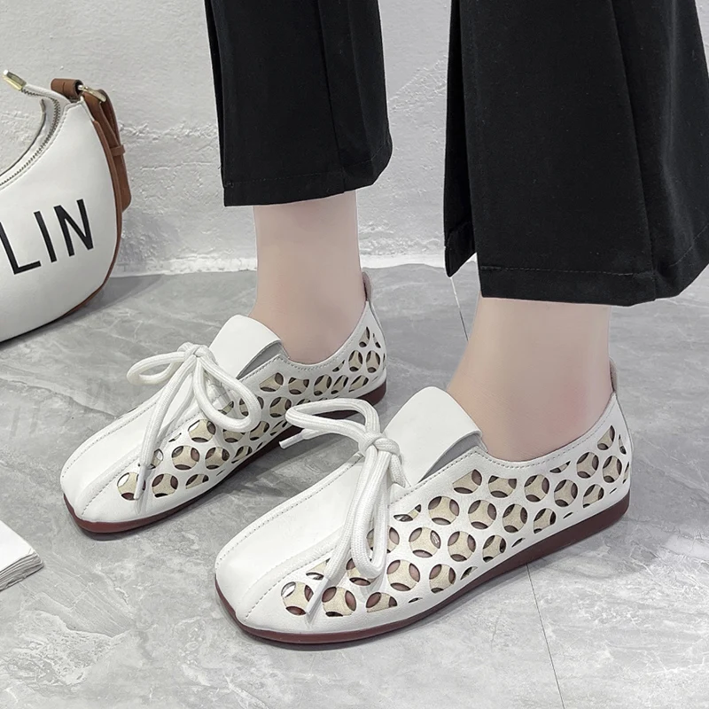 

Women Vintage Flats Pumps Shoes Lace-up 2022 Summer Female Hollow Breathable Peas Shoes Office Ladies Size 42 zapatos de mujer