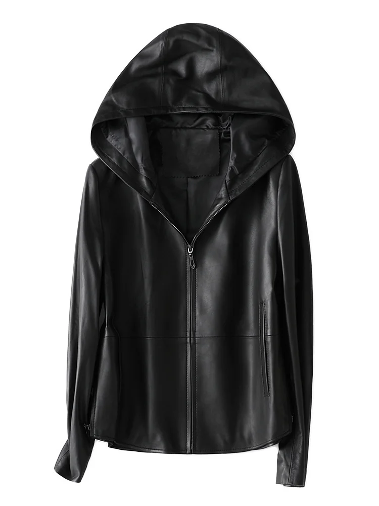 

2023Leather jacket,Fashion High Quality Real Sheepskin Leather Jacket Hooded Women's Jackets Spring Female Jacket Woman Coat Cha