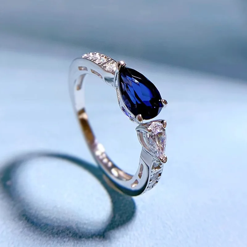 

2022 new S925 silver simulation sapphire 5*8 pear-shaped blue diamond ring for women in Europe and America