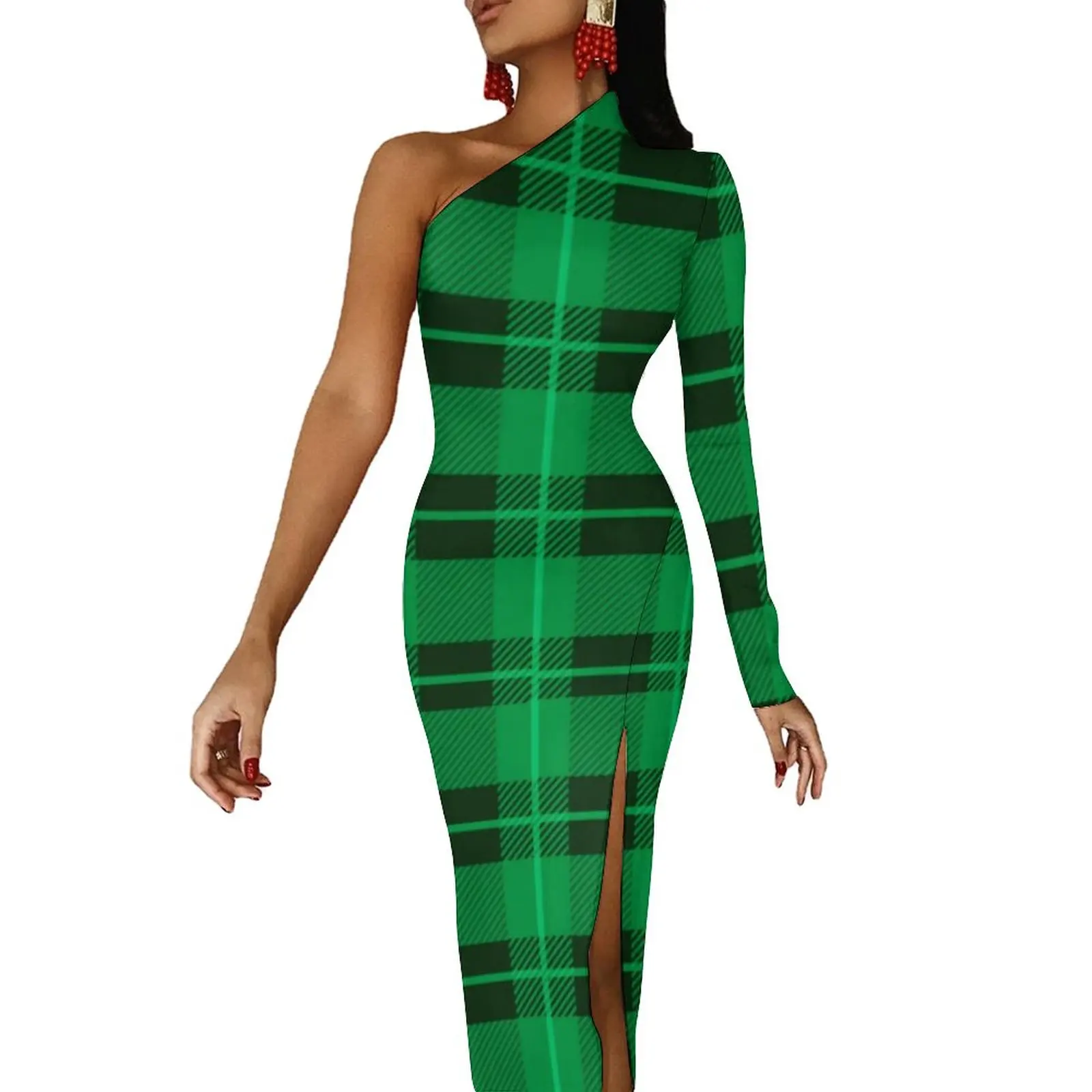 

Green Plaid Print Maxi Dress Long Sleeve St Paddy Day Vintage Bodycon Dress Side Split Party Long Dresses Lady Graphic Vestidos