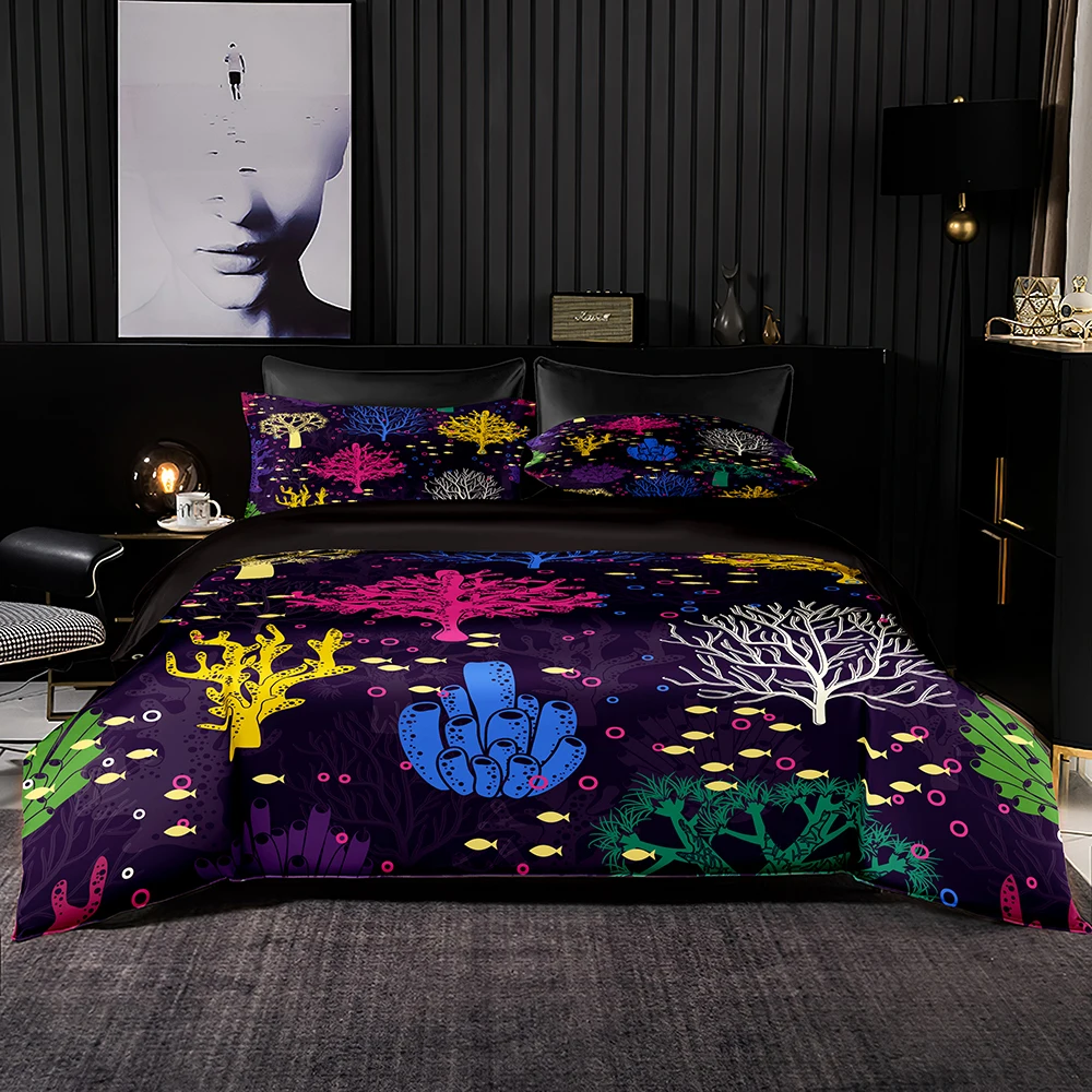 

Пододеяльник, Комплект постельного белья с красочным коралловым принтом и наволочкой, мультяшный стиль для двуспальной кровати, двуспальн...