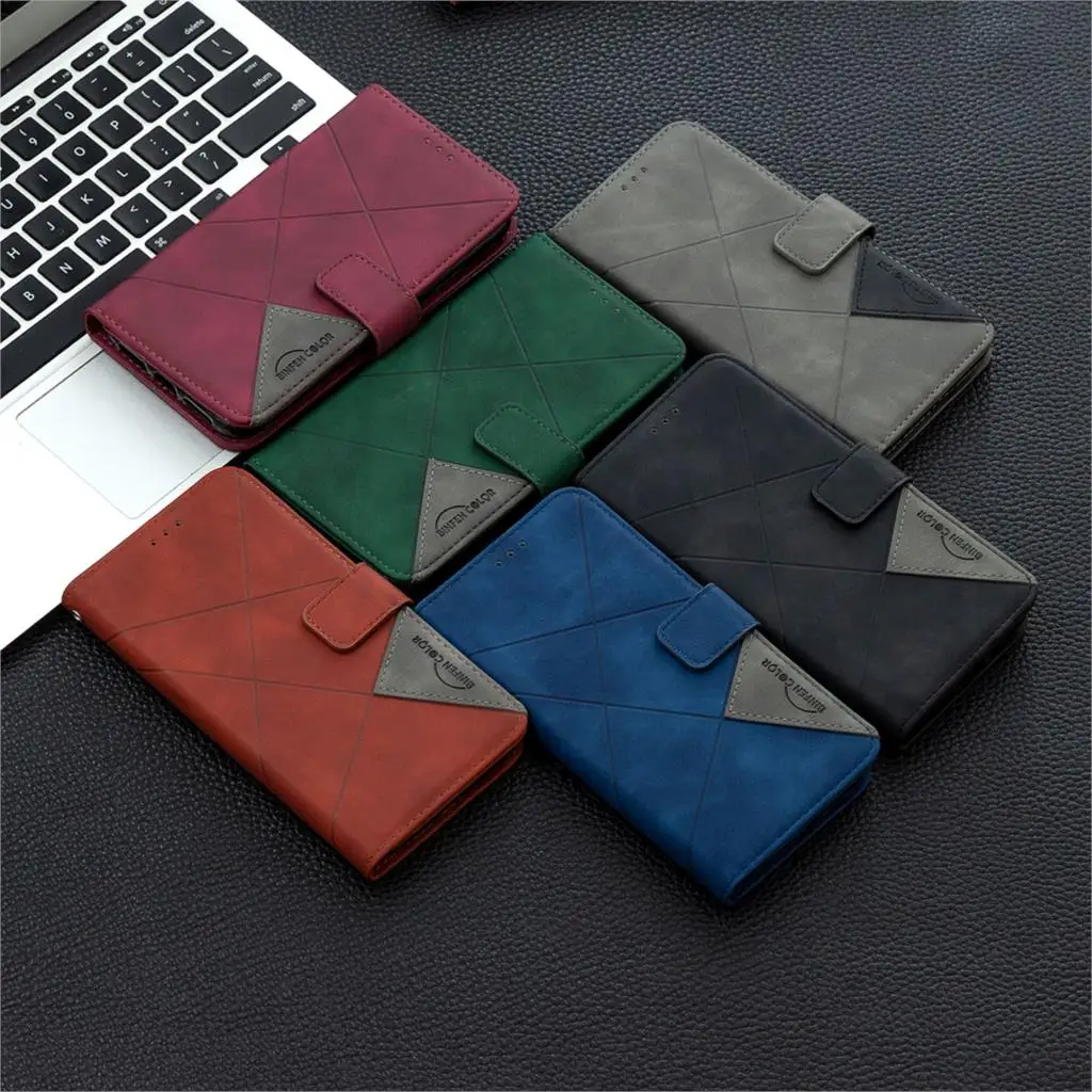 2022 Rhombus lines Leather Wallet Case For OPPO A94 A93 A74 A7 A55 A54S A54 A53S A36 A16S A16 A15 5G 4G Luxury Flip Cover Coque