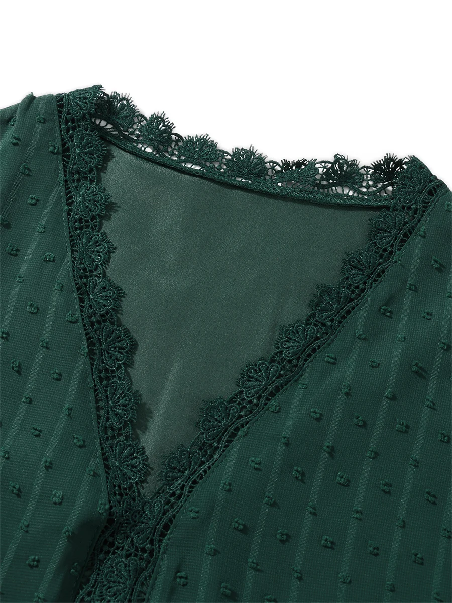 

Viqwqii Women s Elegant Lace Trim V Neck Long Sleeve Blouse with Bobbles - Y2K Inspired Casual T-shirt