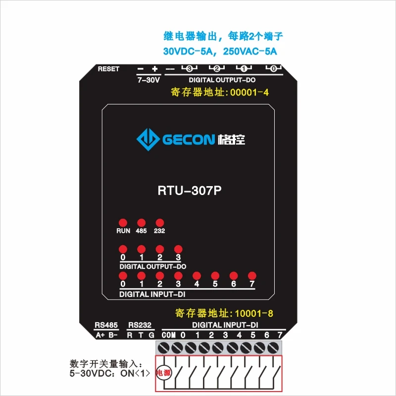 

16-channel relay output module Modbus RTU unit 220V 5A contact capacity device RS485