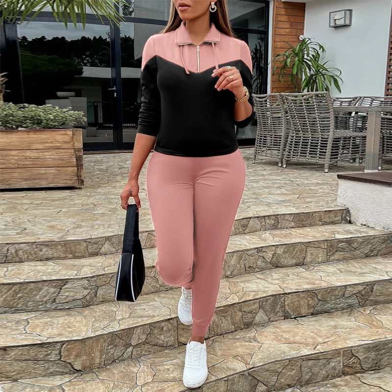 

Casual 2022 Women Two Piece Set Tracksuit Outfits Autumn Fashion Slim Polo-Neck Zipper Contrasting Color Tops + Long Pants Suits