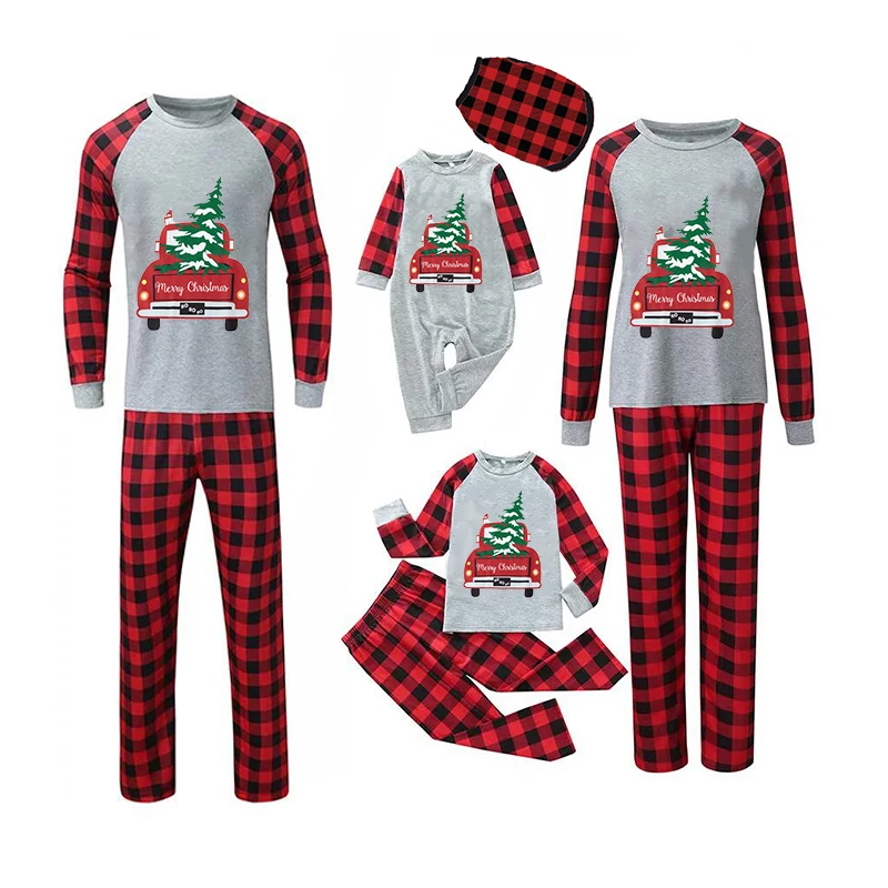 Christmas Matching Family Pajamas Red Plaid Truck with Christmas Tree Gray Pajamas Set With Baby Pajamas