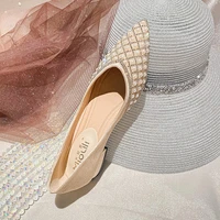 pointed toe sequined cloth pearl flats women metal decoration glitter ballerina shoes pearl beading crystal rivets mules shoes