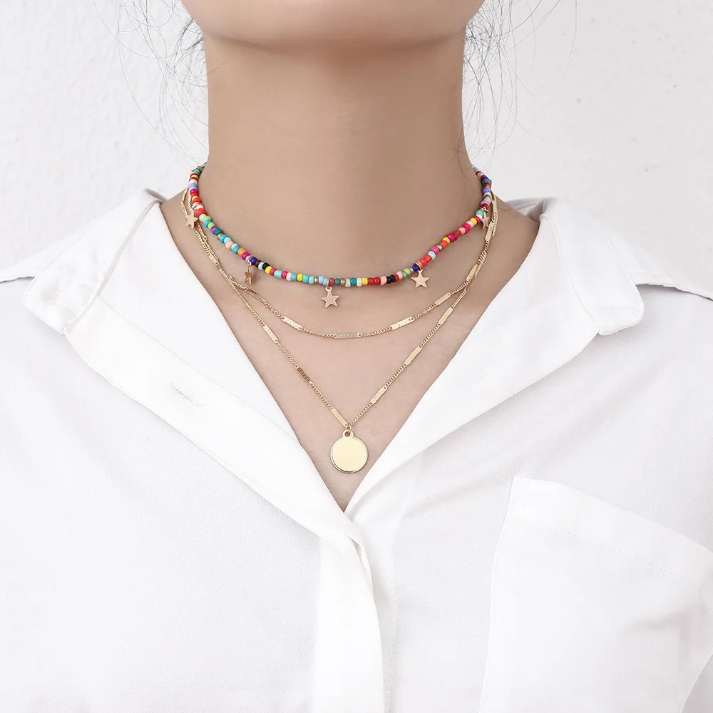 

Bohemian Handmade Beaded Chain Chokers Necklace For Women Multi Layer Coin Star Pendant Necklace Wholesale Jewelry Accessories
