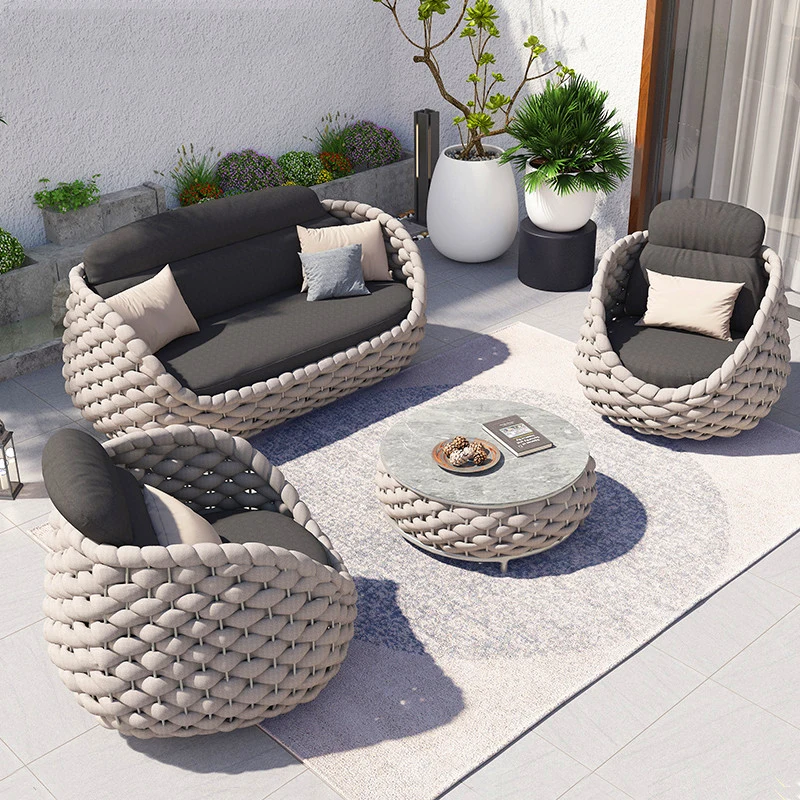 

High-end outdoor sofa villa sales office terrace rattan chair coffee table outdoor waterproof sunscreen rattan leisure furniture