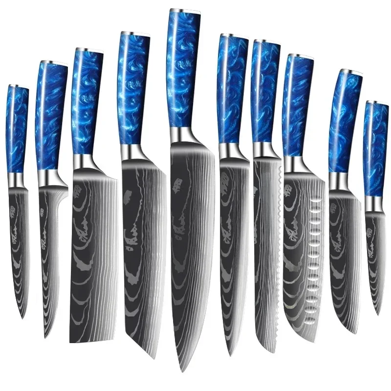 Kitchen Knives Set Blue Resin Handle Laser Damascus Blade Chef Fish Meat Cleaver Slicing Japanese Knife Sets