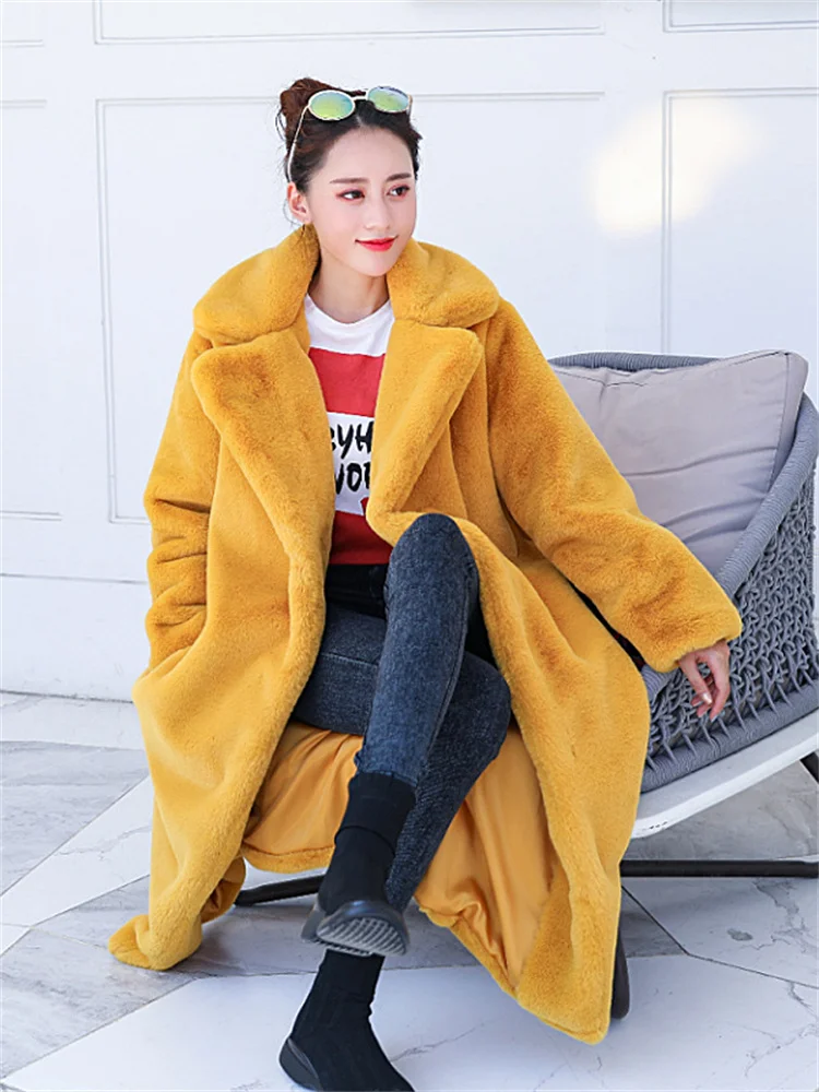 2022 Winter Fur Coat Women Suit Collar Long Loose Slim Thick Warmth Imitation Rabbit Fur High Quality Clothing Feminina Red Pink