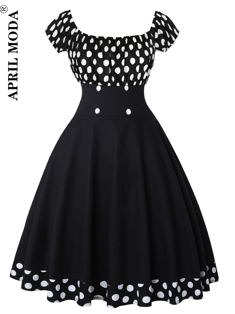 

Hepburn Style Patchwork Vintage Summer Casual Dress Women Slash Neck Puff Sleeve Black Red Polka Dots Print Swing Runway Dress