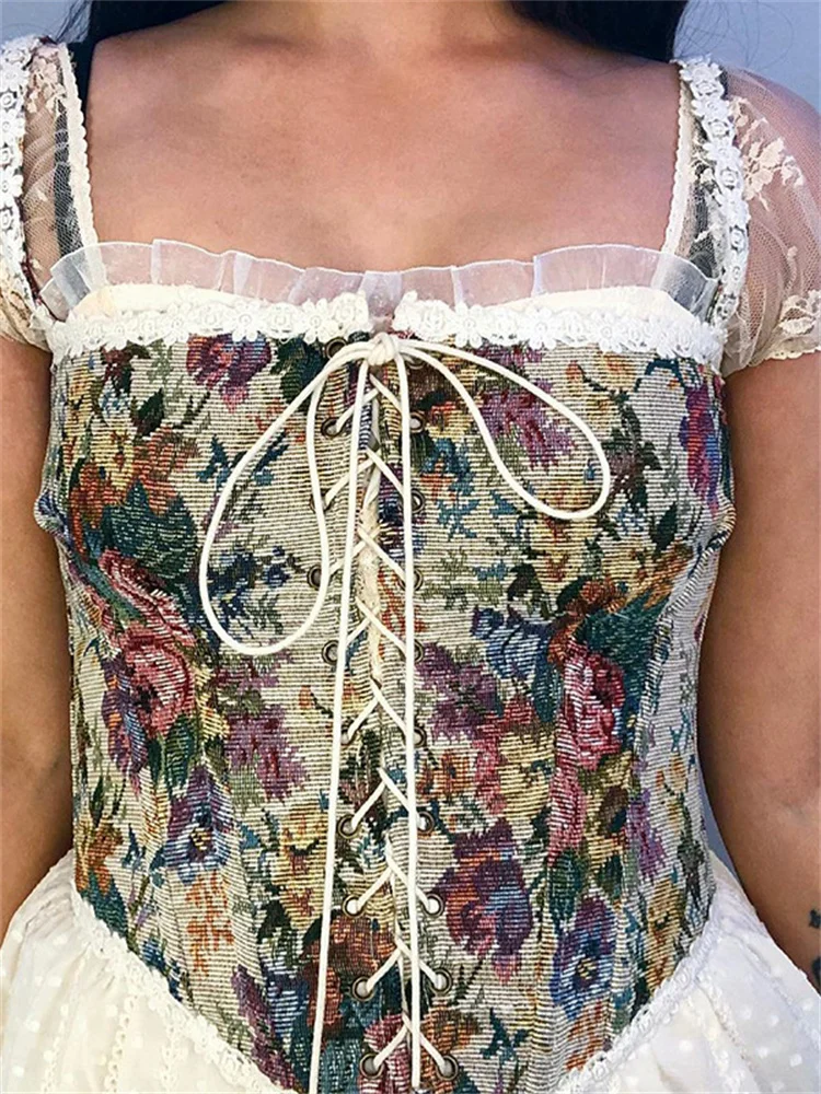 

Vintage Y2k Women Elegant Designer French Print Halter Tops Chic Bandage Floral Corset Shirts Sexy Style Party Club Ladies Tops