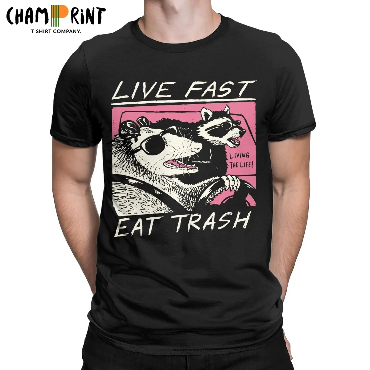 

Live Fast! Eat Trash! T-Shirt Design T Shirts Camisas Hombre For Men Cotton Tops Shirts Harajuku Personalized Rife