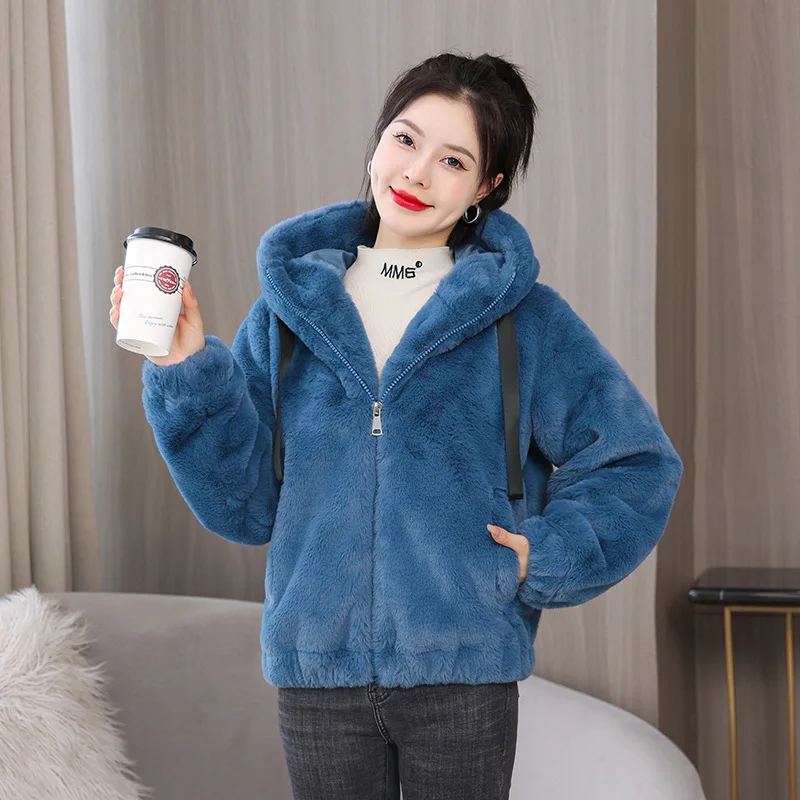 

New plush and thick imitation rabbit hair hooded jacket Korean version plush long sleeved jacket
