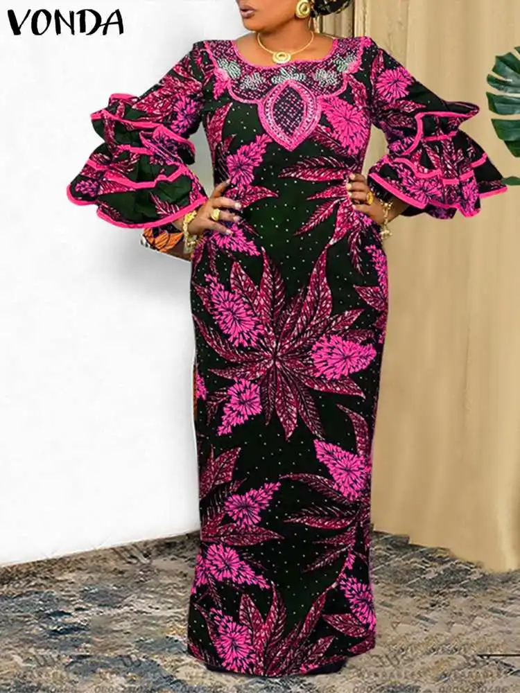 

Женское осеннее длинное платье VONDA 2022 с расклешенным рукавом, винтажное праздничное длинное платье макси с принтом, повседневный свободный ...