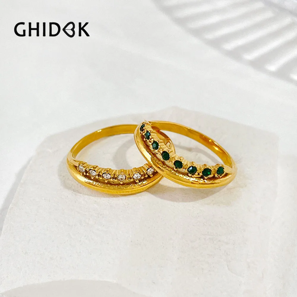 Ghidbk Dainty Gold Plated Two Layer Micro Pave Clear Green Cz Rhinestone Ring for Women Girls Stainless Steel Trendy Jewelry