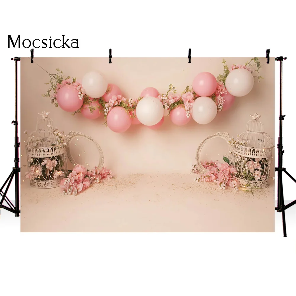 

Фоны для фотосъемки на 1-й день рождения, портрет новорожденного, фотообои, весенний цветочный розовый воздушный шар, украшение торта, разби...