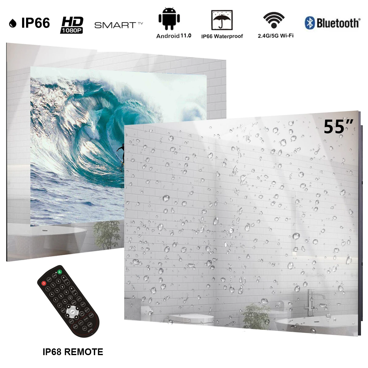 

Haocrown 55-inch Smart Bathroom Mirror TV with IP66 Waterproof Full-HD Android system Television Built-in Integrated TV Tuner