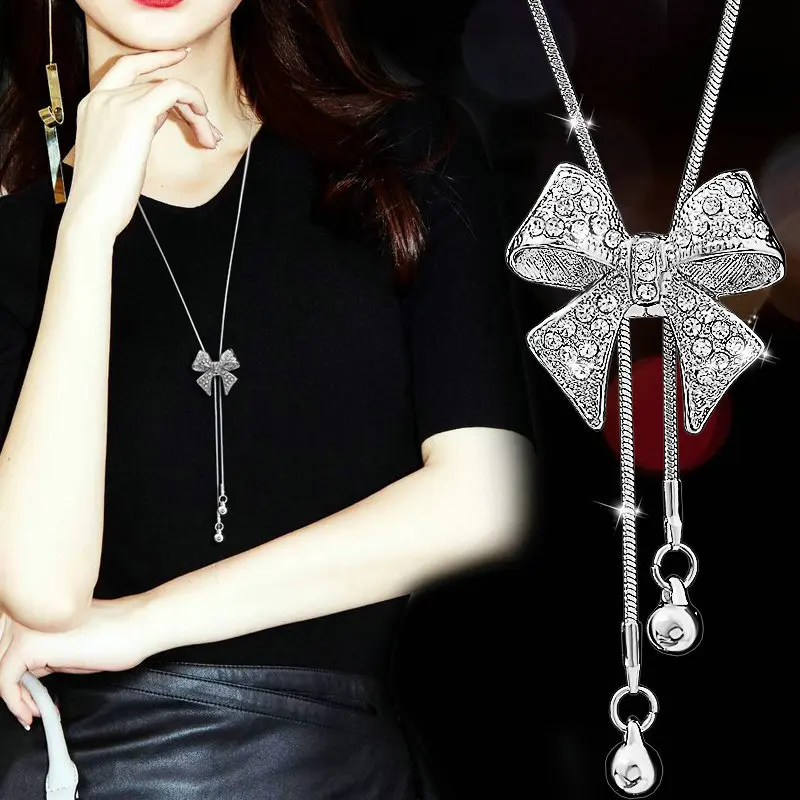 

SINLEERY korean fashion Bowknot Gold Silver Color Pendant Long Necklace for Women Chain Accessories Jewelry 2022 New MY070 SSK