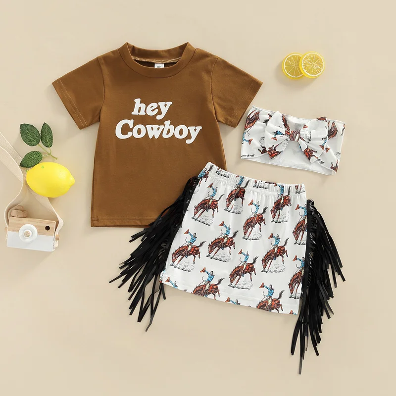 

Fashion Summer Kids Girls Clothes Sets Cotton Letter Print Short Sleeve T-shirts+cartoon Animal Print Tassel Skirts+headband