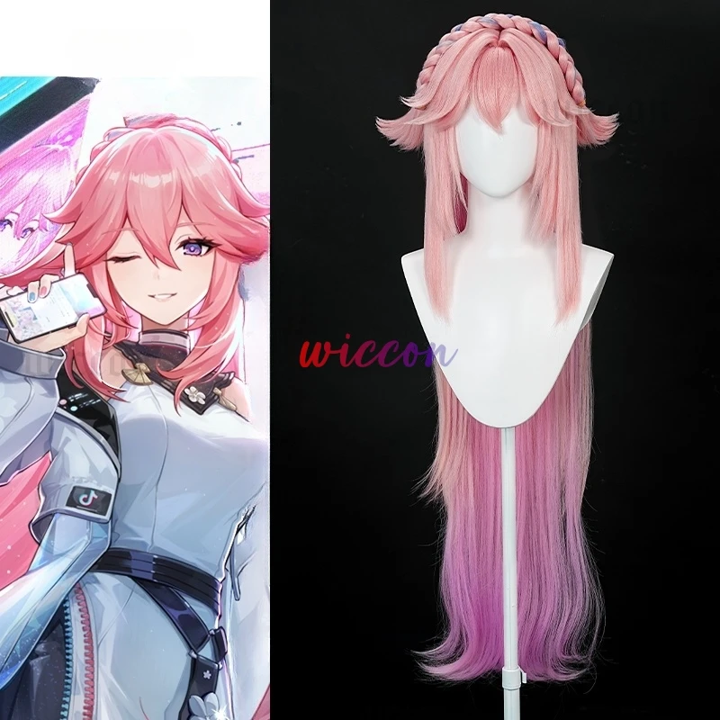 Game Genshin Impact Latest Yae Miko Cosplay Wig Cherry Powder Pink Gradien 100cm Long Hair Hallowmas Carnival Role
