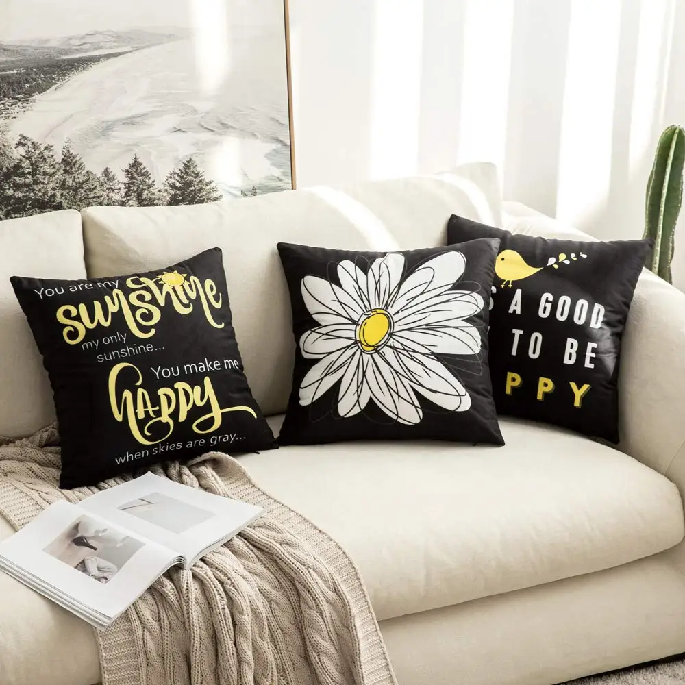 

Daisy You Are My Sun Happy Bird Black Pillowcase 40*40 Living Room Sofa Decoration Cushion Cover 60*60 Home Decoration 50*50