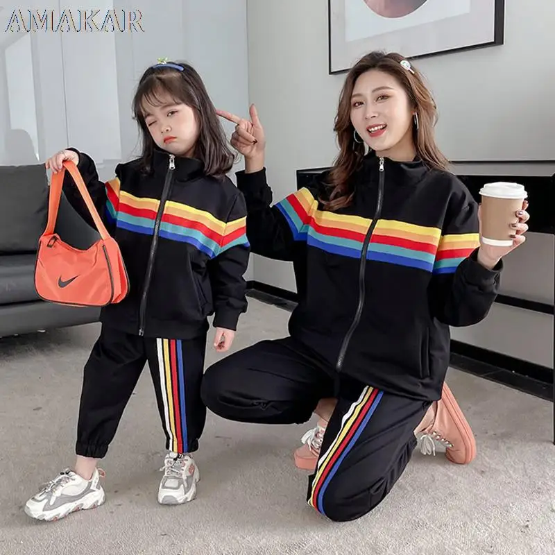 

Matching Family Outfits Mommy and Daughter Matching Clothes Two-pieces Suit Mommy and Daughter Suit Rainbow Stripes Clothes