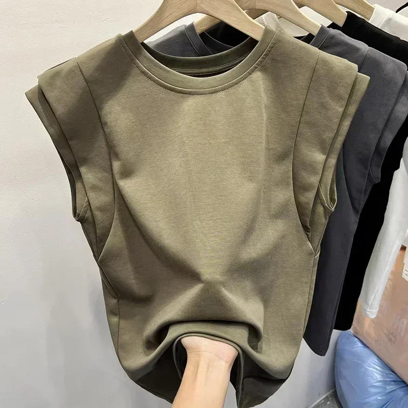 

Women Round Collar Solid Color Tees Slim Fit Flying Sleeve Tshirt Summer Sleeveless T-shirts Women Cotton Tops Clothes 29794