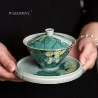 Hand-painted pure ice-cracked lotus bowl hat tea bowl underglaze colored blue and white ceramic Sancai bowl tea set tea ware