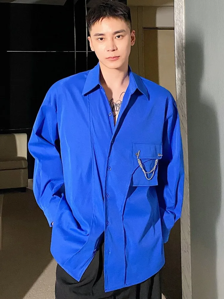 

SYUHGFA 2022 Spring Autumn Lapel Long Sleeve Shirt Metal Chain Single Pocket Loose Casual Korea Style Tops Shirts Men Clothing