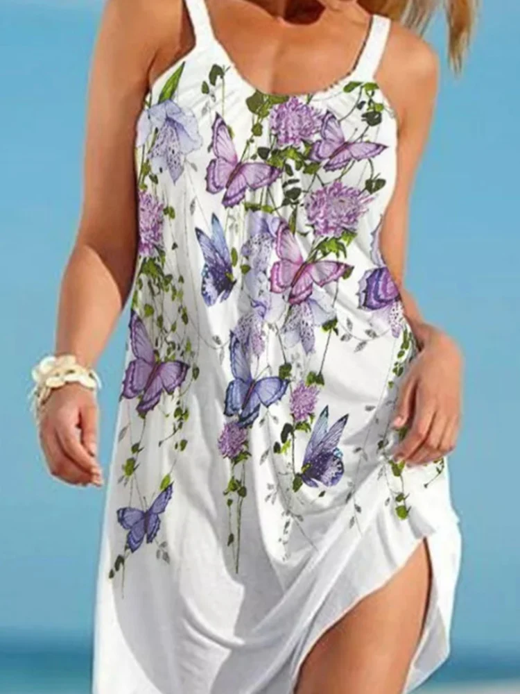 

New Off Shoulder Dress Sleeveless Summer Printed Boho Mini Dress Women A Line O Neck Casual Dress Ladies Beach Holiday Dress
