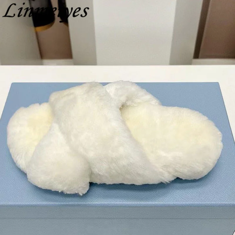 

Summer New Flat Sole Fashion Wool Flat Slippers Women One Strip Cashmere Outdoor Slippers Female Comfort Casual Mule Shoes Woman