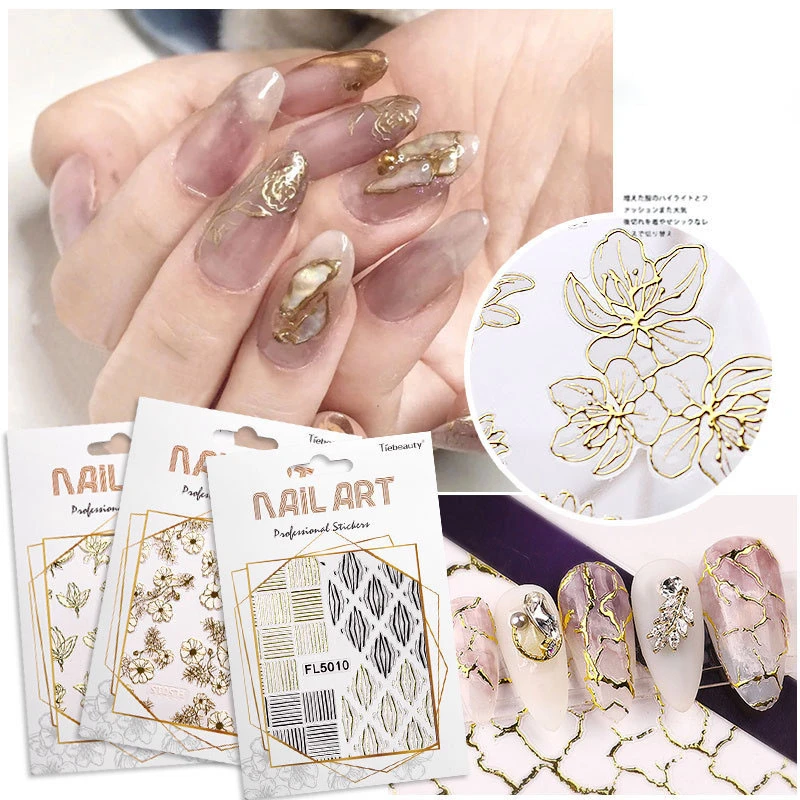 

1 Sheet Gold 3D Nail Art Stickers Adhesive Geometric Lace Flowers Design Decals Nail Tips Decoration DIY Manicure Supplies