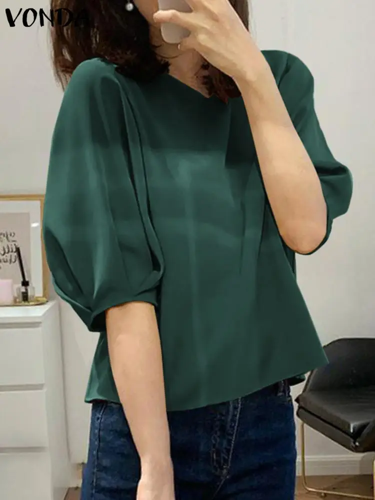 

VONDA 2022 Fashion Summer Pleated Baggy Blusas Tops Oversize Women Casual Half Sleeve Blouse Shirts Polyester Chemise Femininas