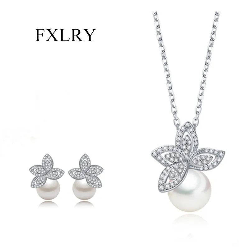 

FXLRY High Quality White Color AAA Cubic Zirconia Imitation Pearl CZ Flower Drop Earrings Pendant Necklaces Set For Women Bridal