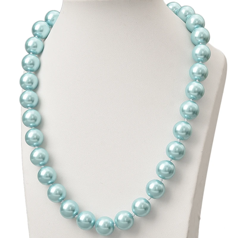 

Hot sale light sky blue shell round simulated-pearl 8mm beads necklace for women clavicle chain chokers diy jewelry 18inch