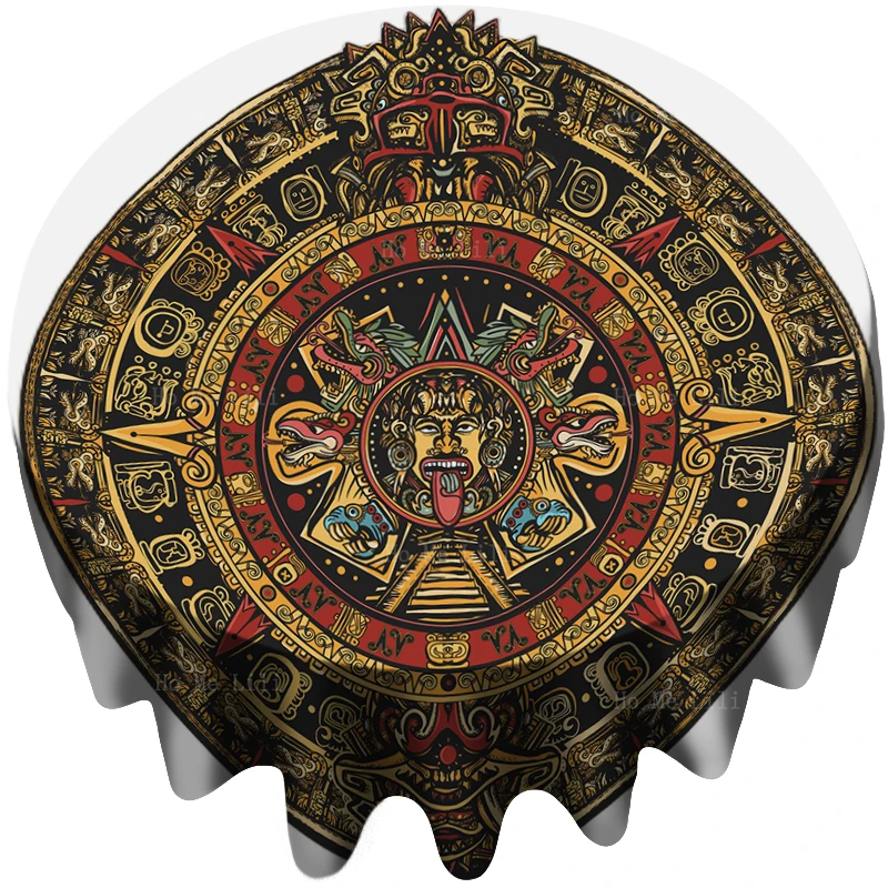 

Aztec Sun Stone Tattoo Mayan Calendar And Ancient Glyphs Design Round Tablecloth By Ho Me Lili For Kitch Tabletop Decor