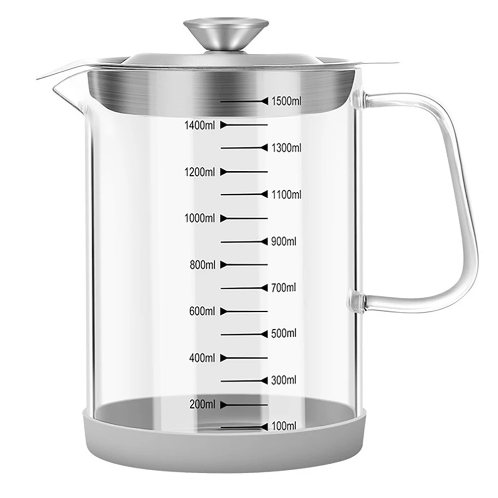 

Transparent Glass Oil Filter Pot with Scale Kitchen Oil Separator Home Bacon Grease Container with Fine Mesh Strainer A