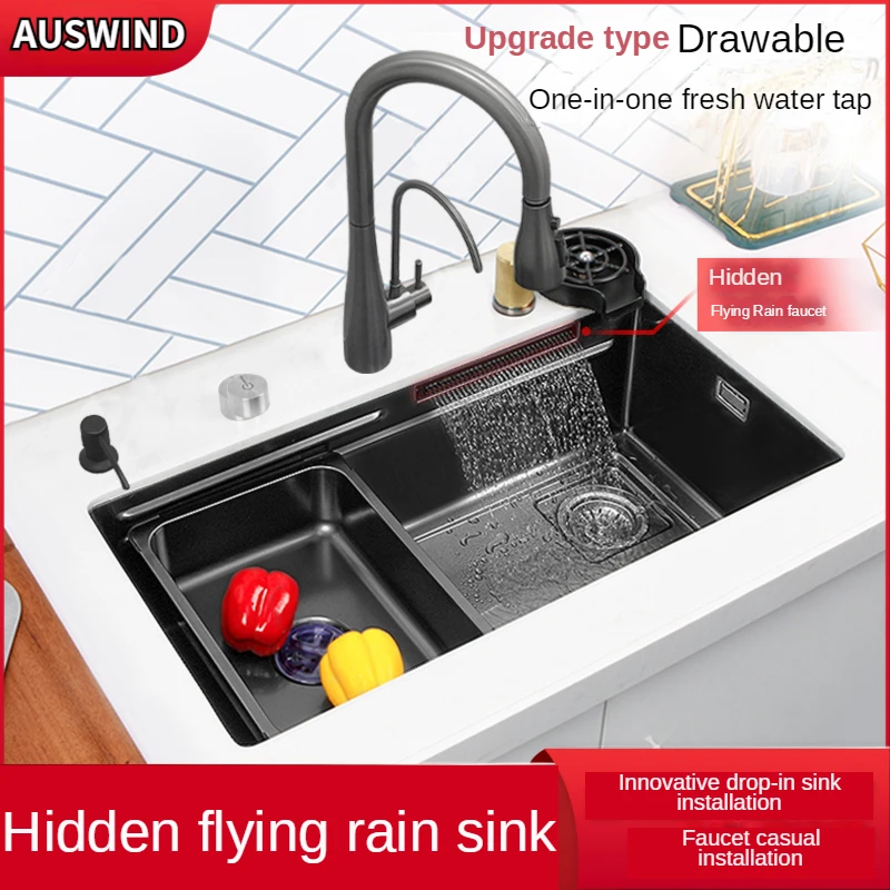 

Hidden Flying Rain Waterfall Sink Stainless Steel Single Sink Household With Cup washer Undercounter Vegetable washing Basin