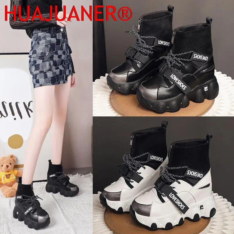 

Женские ботильоны на массивной платформе, зимние брендовые кроссовки на танкетке 9 см, обувь для увеличения роста, 2022