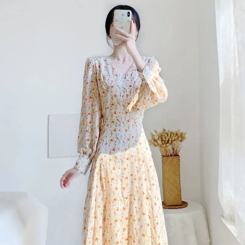 

Spring and Autumn ClothesNew Chiffon Floral Long-sleeved Dress French Tea Break Hepburn Style Super Fairy Embroidery Print Skirt