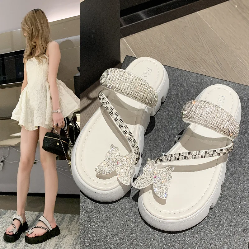 

2023 Summer New Thick-soled Sandals and Slippers Casual Fashion Outerwear Korean Style Slip-on Bowknot Muffin Slippers Women