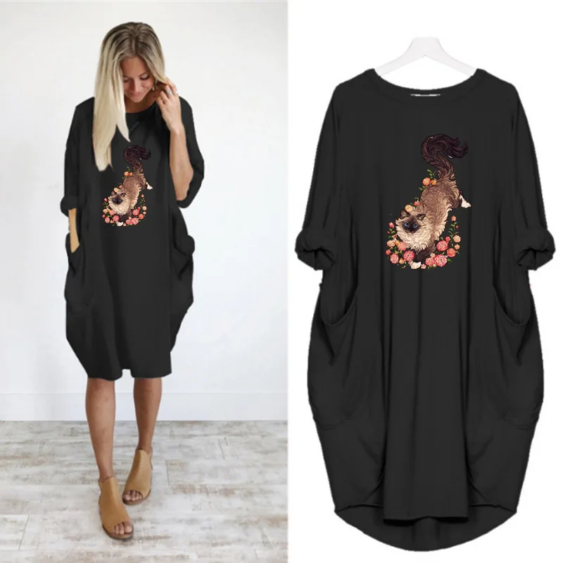 

Kawaii Cat Printing Loose Dress Women Full Sleeves O Neck Casual Dress Female Clothing Casual Elegant Summer Women 2022 Dresses