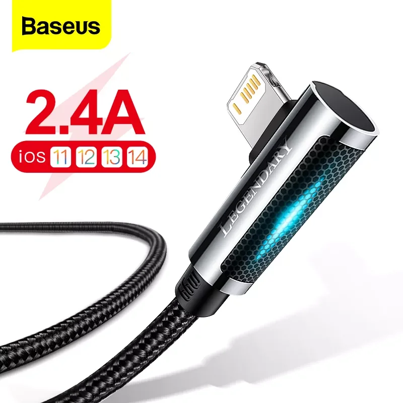 

USB-кабель Baseus со светодиодной подсветкой для iPhone 12 Pro Max XS XR, зарядное устройство с углом 90 градусов для быстрой зарядки iPad Airpods Pro, телефонный к...